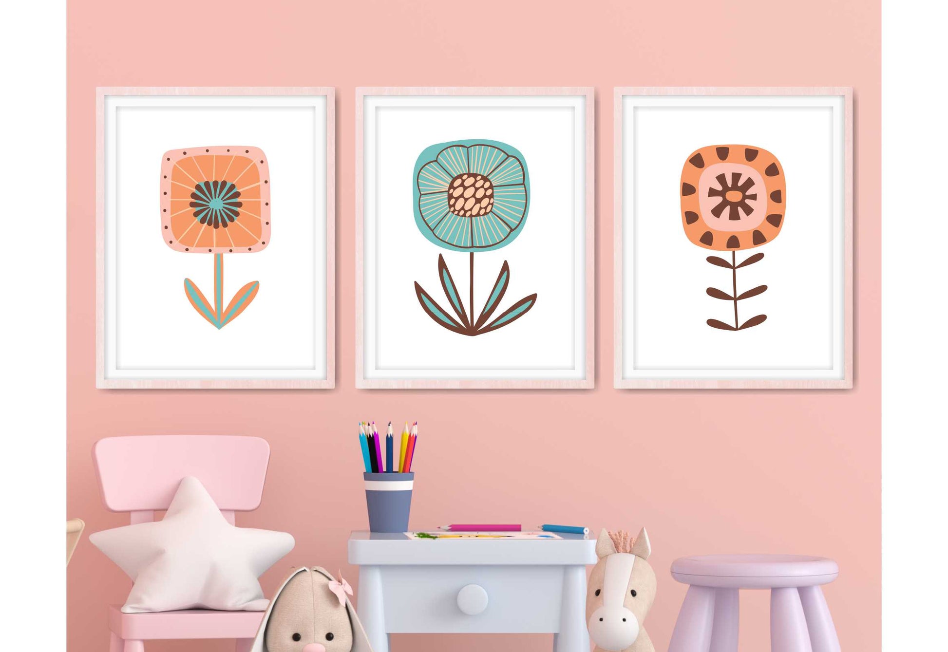 Wall Art for Girls Room. Colourfull flowers drawings.