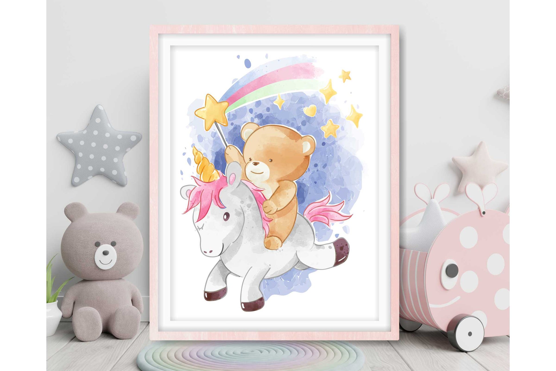 Wall Art Prints for Girls Room. Teddy Bear Riding Unicorn. Watercolour. 