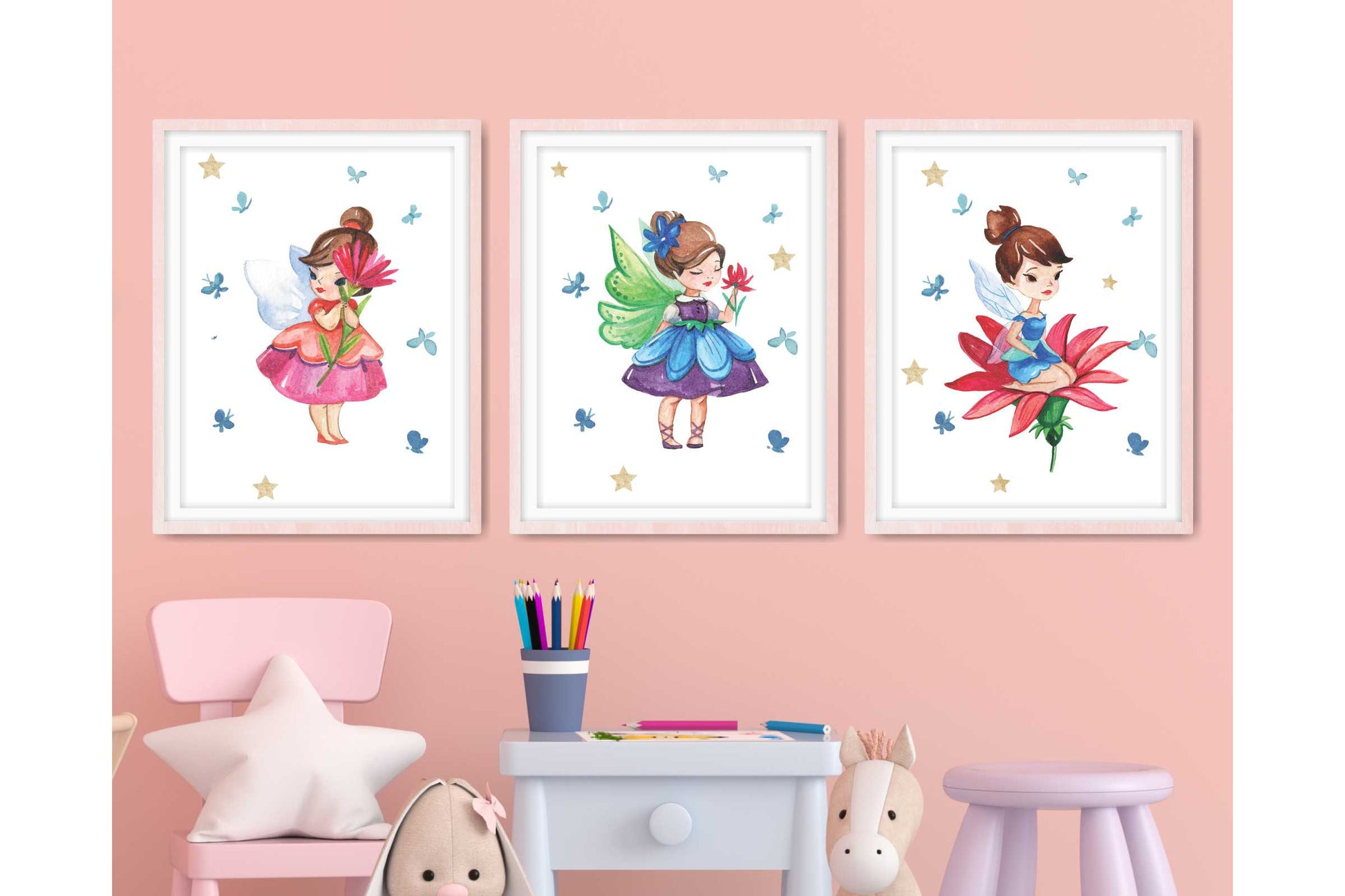 Wall Art Prints for Girls Room. Colourfull Fairy Drawings. 