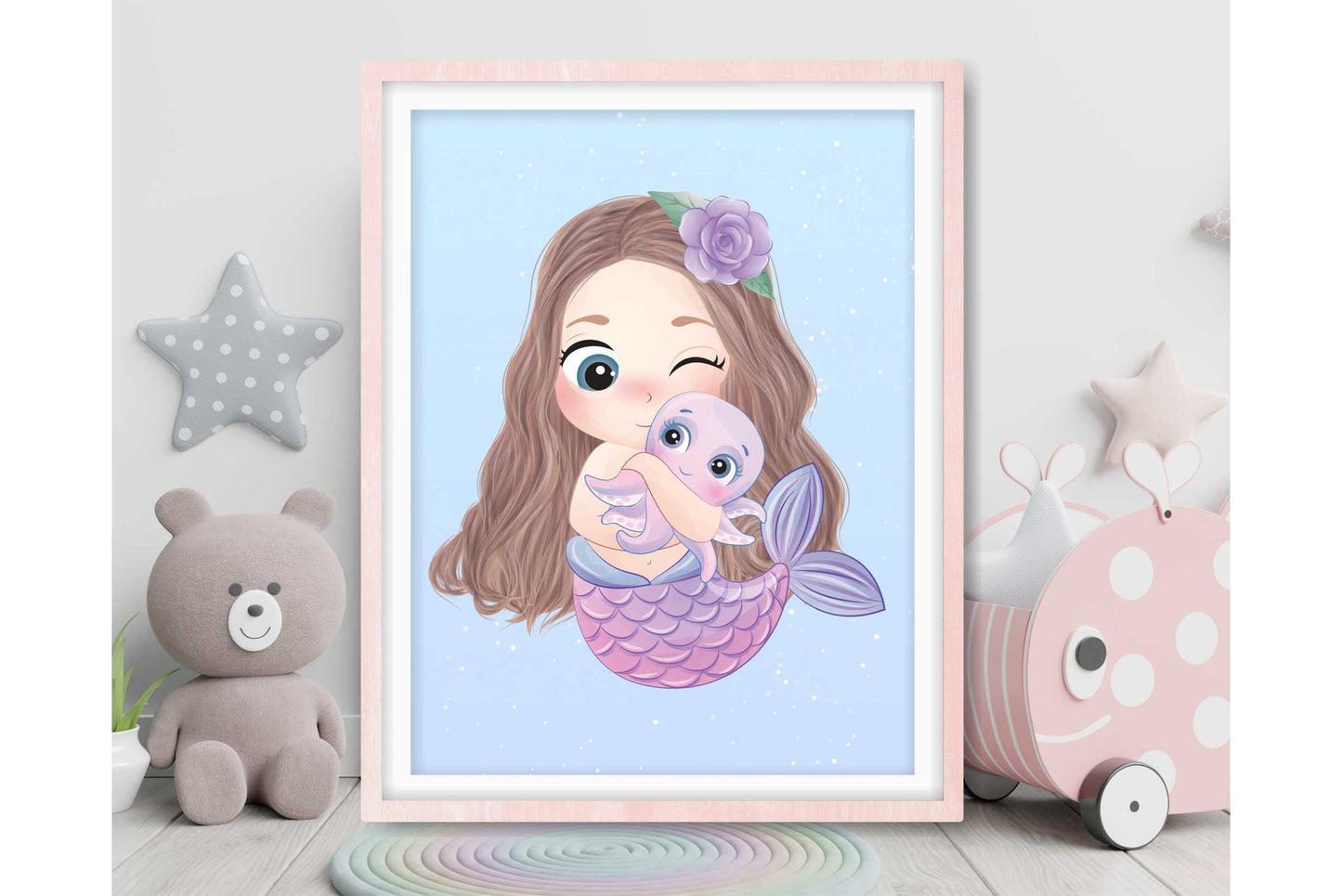 Wall Art Prints for Girls Room. Cute Baby Mermade with Jellyfish.