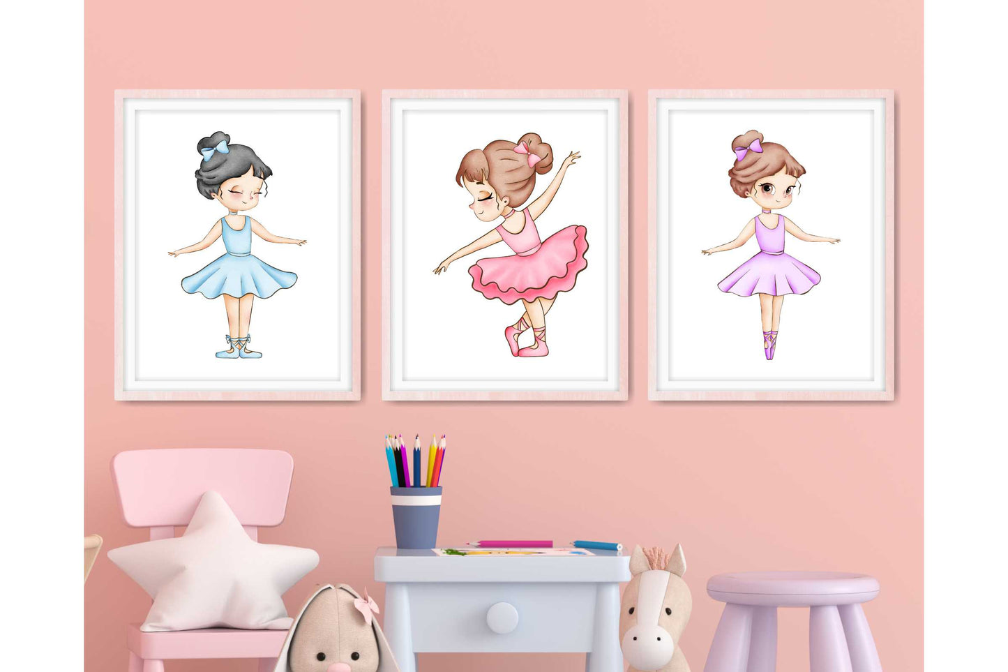 Wall Art Prints for Girls Room. Set of three cute litle ballerinas prints.