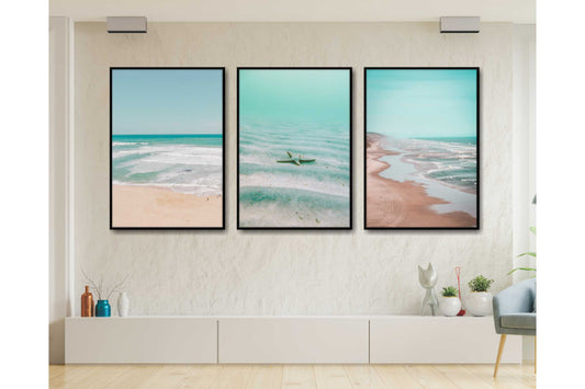 Pastel Turquoise Colours Wall Art. Coastal scene. Serene beach scene. Set of 3 prints. A4 Size. #005