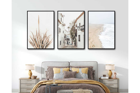 Pastel Sandy Colours Wall Art. Coastal scene. Sleappy coastal willage.Serene beach scene. Set of 3 prints. A4 Size. #007