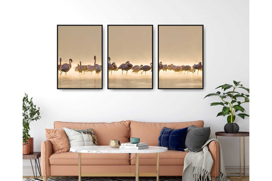 Pastel Sandy Colours Wall Art. Coastal scene. Flamingos on the sandy beach.Serene beach scene. Set of 3 prints. A4 Size. #008