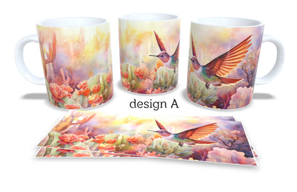 #092 - Set of 2 Coffee and Tea Mugs. Birds in floral garden. Full colour sublimated