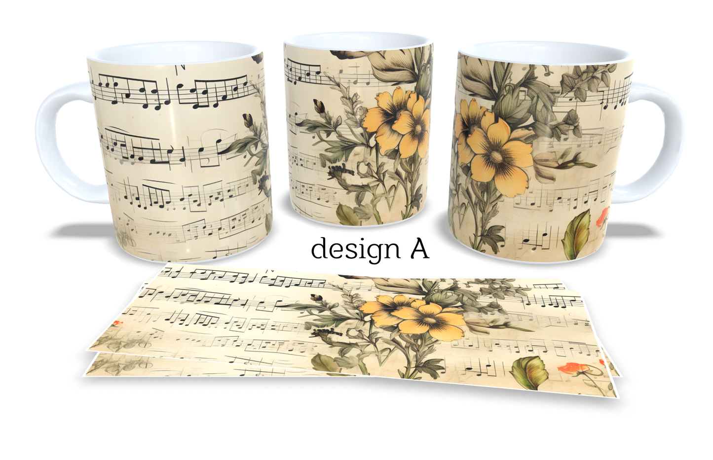 Colourfull Coffee and Tea Mug. Coffee Cup. Tea Mug. Sheet music and flowers. Full colour sublimated #274