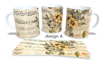 Colourfull Coffee and Tea Mug. Coffee Cup. Tea Mug. Sheet music and flowers. Full colour sublimated #274