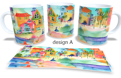 Colourfull Coffee and Tea Mug. Coffee Cup. Tea Mug. Abstract beach vilage. Full colour sublimated #210