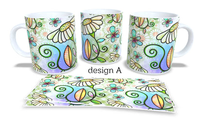 #017 - Set of 2 Coffee and Tea Mugs. Colourfull Coffee and Tea Mug. Coffee Cup. Tea Mug. Abstract floral design. Full colour sublimated