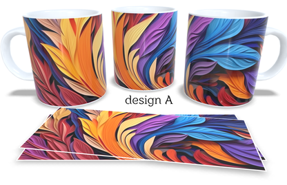 Colourfull Coffee and Tea Mug. Coffee Cup. Tea Mug. 3D AI coloured abstract leaves. Full colour sublimated #215