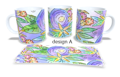 #259 Colourfull Coffee and Tea Mug. Coffee Cup. Tea Mug. Colourfull hand drawing florar design. Full colour sublimated