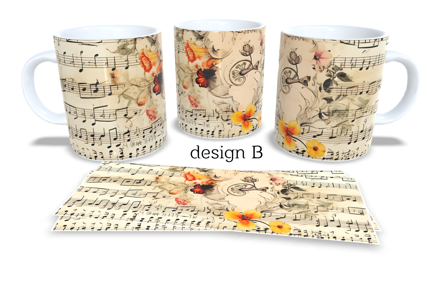 Colourfull Coffee and Tea Mug. Coffee Cup. Tea Mug. Sheet music and flowers. Full colour sublimated #274