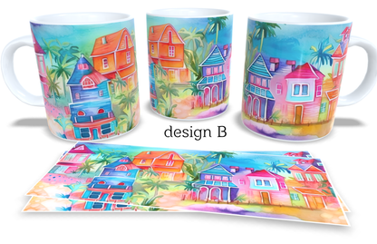 Colourfull Coffee and Tea Mug. Coffee Cup. Tea Mug. Abstract beach vilage. Full colour sublimated #210