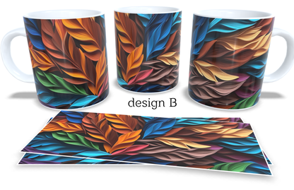 Colourfull Coffee and Tea Mug. Coffee Cup. Tea Mug. 3D AI coloured abstract leaves. Full colour sublimated #215