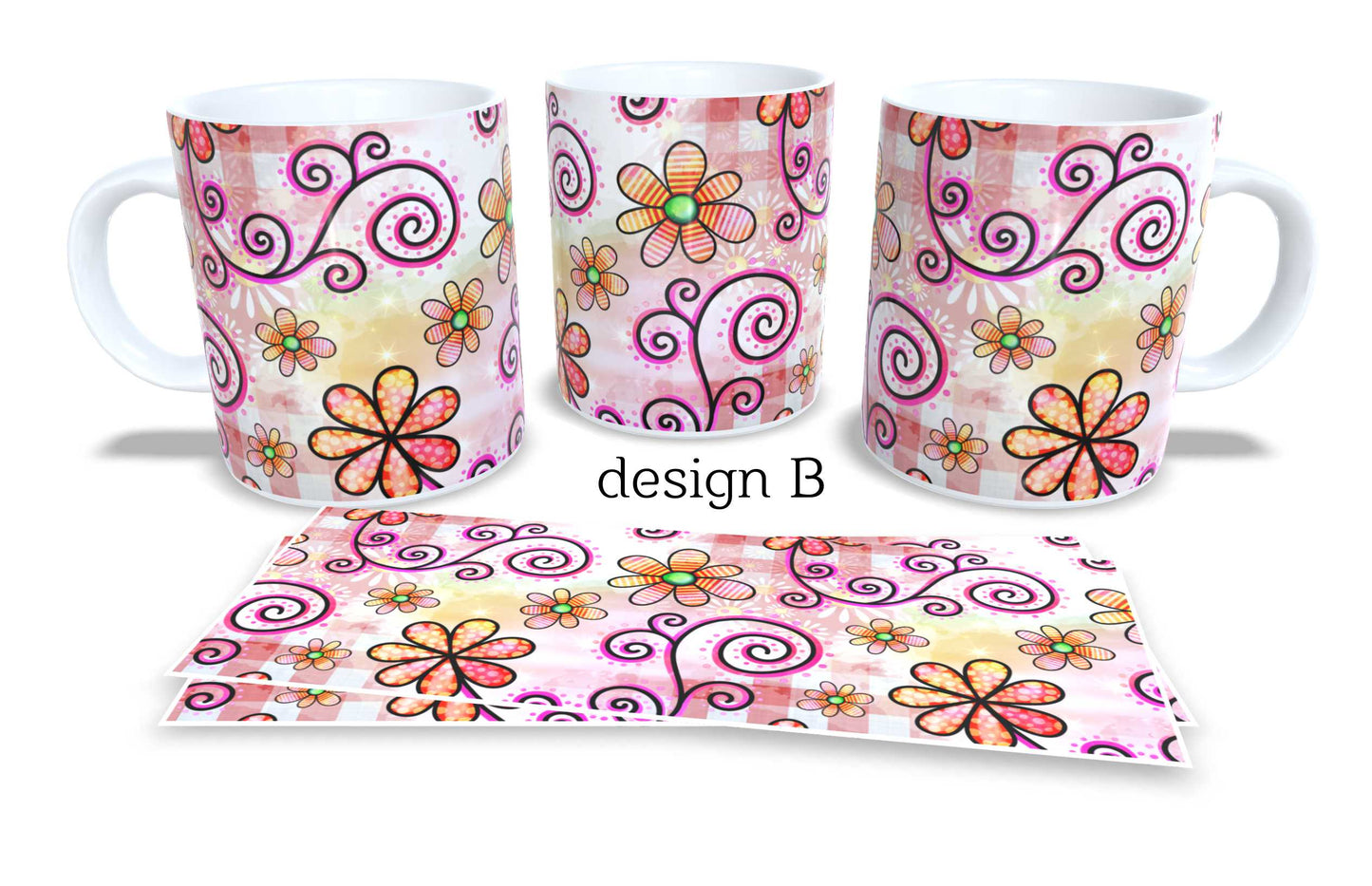 #017 - Set of 2 Coffee and Tea Mugs. Colourfull Coffee and Tea Mug. Coffee Cup. Tea Mug. Abstract floral design. Full colour sublimated