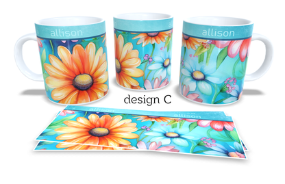 #063 Personalized Colourfull Coffee and Tea Mug. Coffee Cup. Tea Mug. Floral design. Full colour sublimated