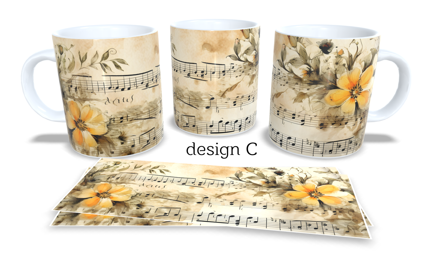 Colourfull Coffee and Tea Mug. Coffee Cup. Tea Mug. Sheet music and flowers. Full colour sublimated #274