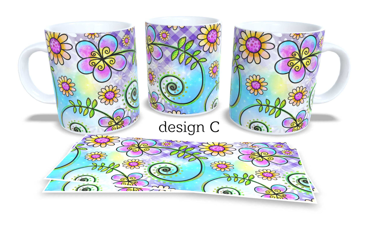 #017 - Set of 2 Coffee and Tea Mugs. Colourfull Coffee and Tea Mug. Coffee Cup. Tea Mug. Abstract floral design. Full colour sublimated