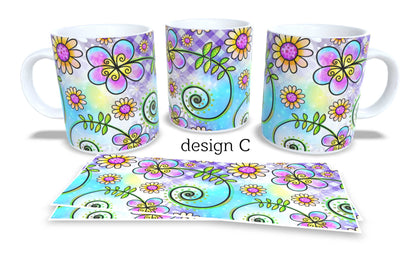 #017 - Set of 2 Coffee and Tea Mugs. Colourfull Coffee and Tea Mug. Coffee Cup. Tea Mug. Abstract floral design. Full colour sublimated