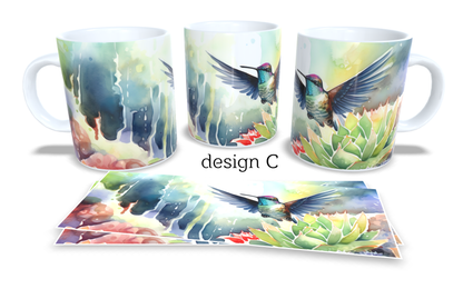 #092 Colourfull Coffee and Tea Mug. Coffee Cup. Tea Mug. Birds in floral garden. Full colour sublimated