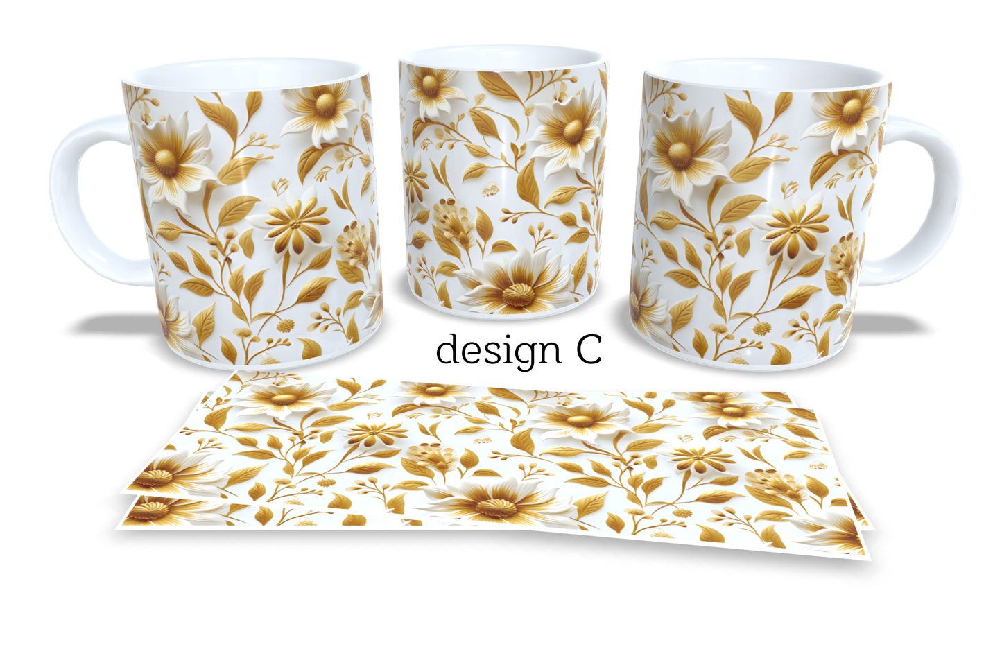 #206 Colourfull Coffee and Tea Mug. Coffee Cup. Tea Mug. Elegant gold 3D AI floral design. Full colour sublimated