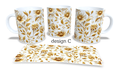 #206 Colourfull Coffee and Tea Mug. Coffee Cup. Tea Mug. Elegant gold 3D AI floral design. Full colour sublimated