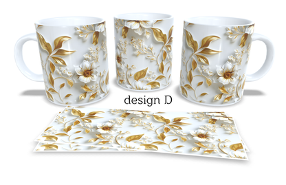 #206 Colourfull Coffee and Tea Mug. Coffee Cup. Tea Mug. Elegant gold 3D AI floral design. Full colour sublimated