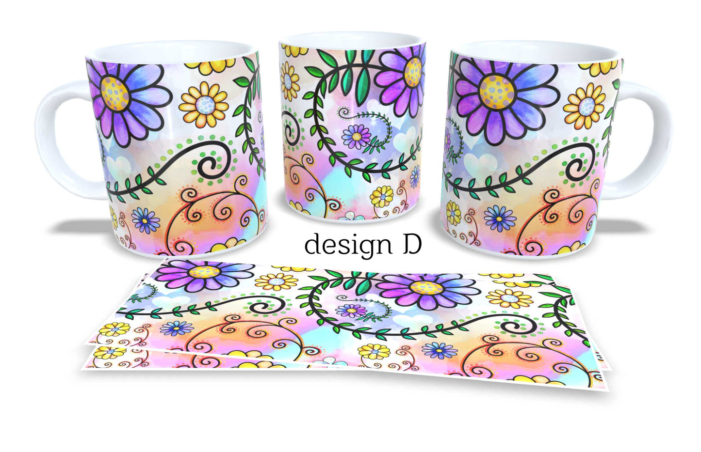 #017 - Set of 2 Coffee and Tea Mugs. Colourfull Coffee and Tea Mug. Coffee Cup. Tea Mug. Abstract floral design. Full colour sublimated