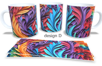 Colourfull Coffee and Tea Mug. Coffee Cup. Tea Mug. 3D AI coloured abstract leaves. Full colour sublimated #215