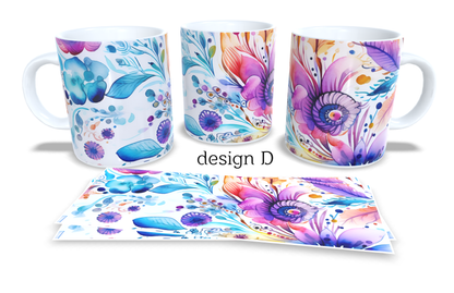 #250 Colourfull Coffee and Tea Mug. Coffee Cup. Tea Mug. Abstract watercolour floral design. Full colour sublimated