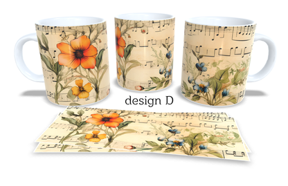 Colourfull Coffee and Tea Mug. Coffee Cup. Tea Mug. Sheet music and flowers. Full colour sublimated #274