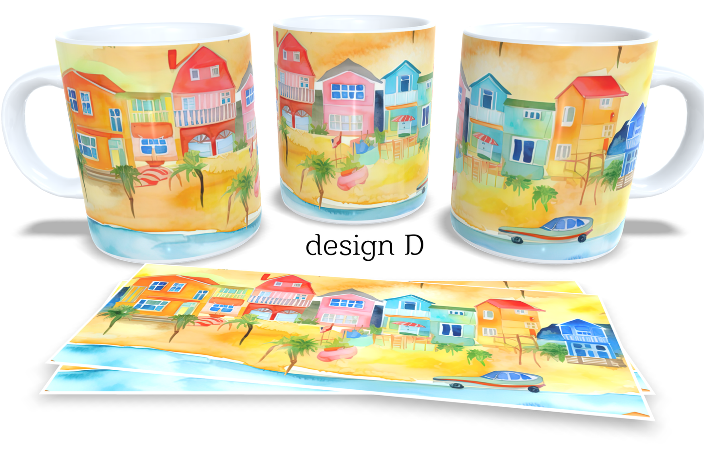 Colourfull Coffee and Tea Mug. Coffee Cup. Tea Mug. Abstract beach vilage. Full colour sublimated #210