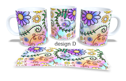 #017 Colourfull Coffee and Tea Mug. Coffee Cup. Tea Mug. Abstract floral design. Full colour sublimated