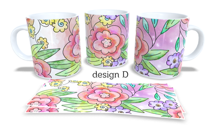 #259 Colourfull Coffee and Tea Mug. Coffee Cup. Tea Mug. Colourfull hand drawing florar design. Full colour sublimated