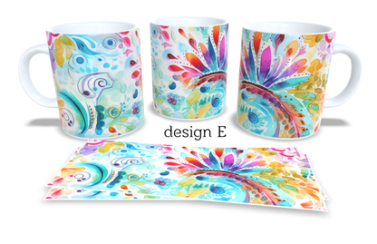 #250 Colourfull Coffee and Tea Mug. Coffee Cup. Tea Mug. Abstract watercolour floral design. Full colour sublimated