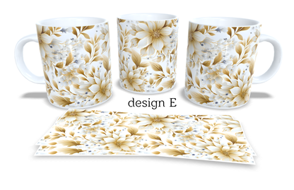 #206 Colourfull Coffee and Tea Mug. Coffee Cup. Tea Mug. Elegant gold 3D AI floral design. Full colour sublimated