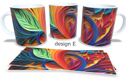 Colourfull Coffee and Tea Mug. Coffee Cup. Tea Mug. 3D AI coloured abstract leaves. Full colour sublimated #215