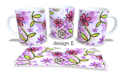 #017 Colourfull Coffee and Tea Mug. Coffee Cup. Tea Mug. Abstract floral design. Full colour sublimated