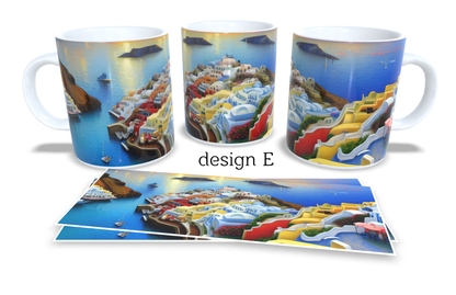 #056 Colourfull Coffee and Tea Mug. Coffee Cup. Tea Mug. Santorini Greece. Full colour sublimated