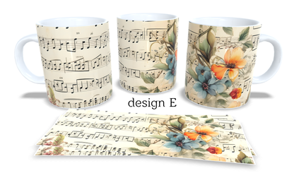 Colourfull Coffee and Tea Mug. Coffee Cup. Tea Mug. Sheet music and flowers. Full colour sublimated #274