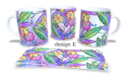 #259 Colourfull Coffee and Tea Mug. Coffee Cup. Tea Mug. Colourfull hand drawing florar design. Full colour sublimated