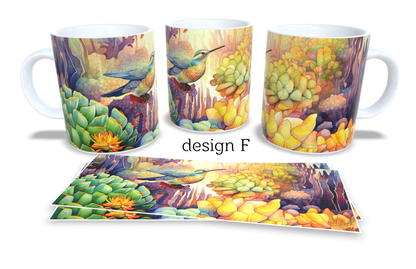 #092 Colourfull Coffee and Tea Mug. Coffee Cup. Tea Mug. Birds in floral garden. Full colour sublimated