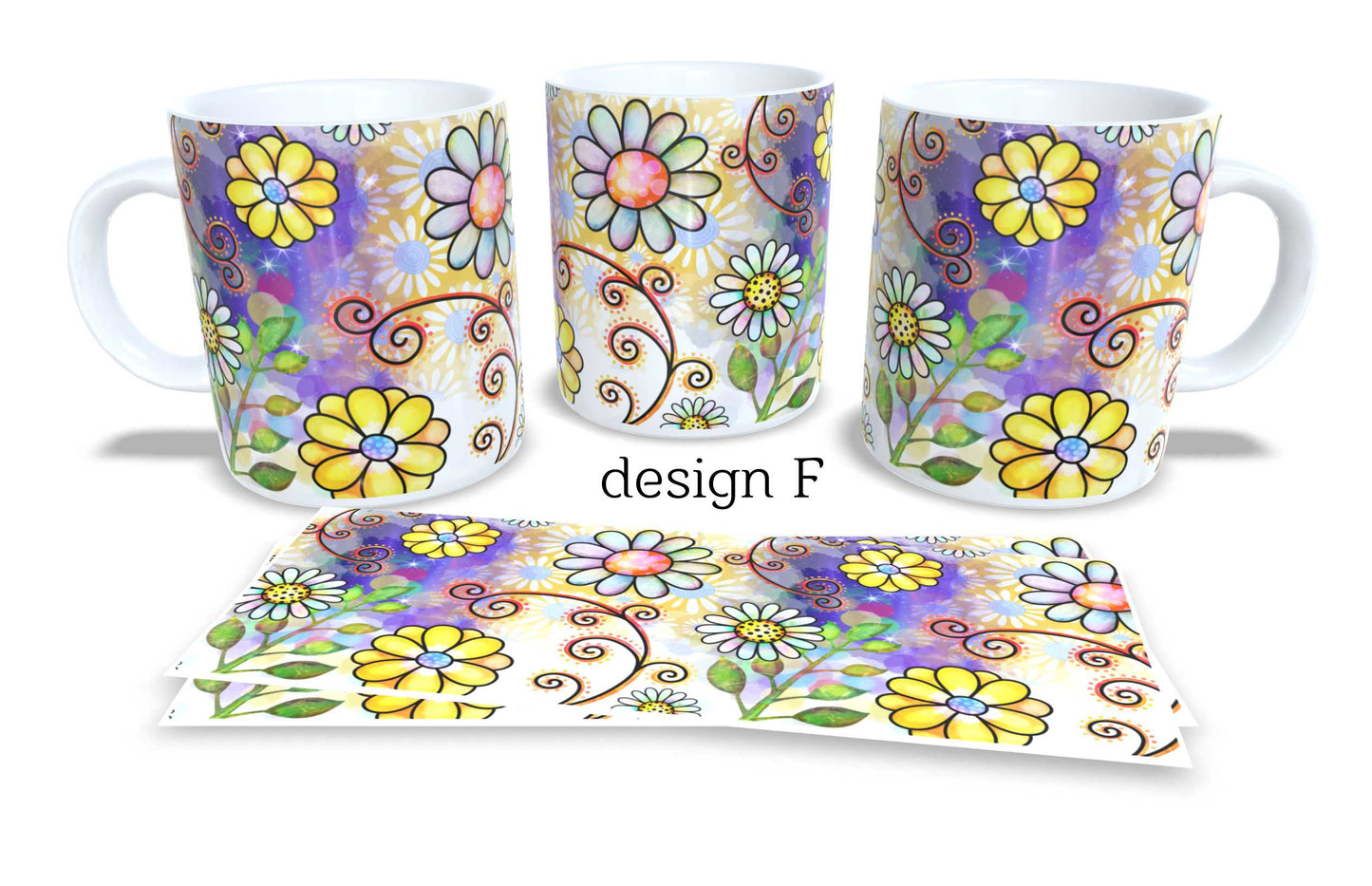 #017 - Set of 2 Coffee and Tea Mugs. Colourfull Coffee and Tea Mug. Coffee Cup. Tea Mug. Abstract floral design. Full colour sublimated