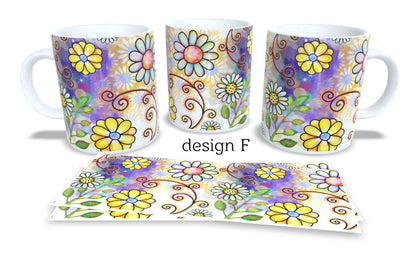 #017 - Set of 2 Coffee and Tea Mugs. Colourfull Coffee and Tea Mug. Coffee Cup. Tea Mug. Abstract floral design. Full colour sublimated