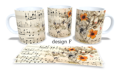 Colourfull Coffee and Tea Mug. Coffee Cup. Tea Mug. Sheet music and flowers. Full colour sublimated #274