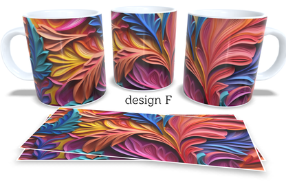 Colourfull Coffee and Tea Mug. Coffee Cup. Tea Mug. 3D AI coloured abstract leaves. Full colour sublimated #215