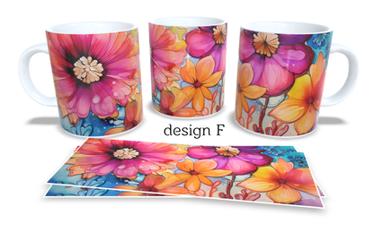 Colourfull Coffee and Tea Mug. Coffee Cup. Tea Mug. Watercolour floral design. Full colour sublimated #385