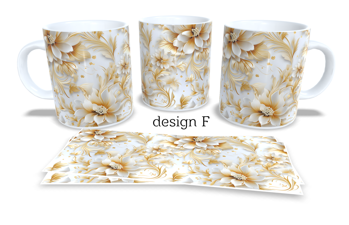 #206 Colourfull Coffee and Tea Mug. Coffee Cup. Tea Mug. Elegant gold 3D AI floral design. Full colour sublimated