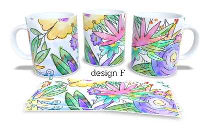 #259 Colourfull Coffee and Tea Mug. Coffee Cup. Tea Mug. Colourfull hand drawing florar design. Full colour sublimated