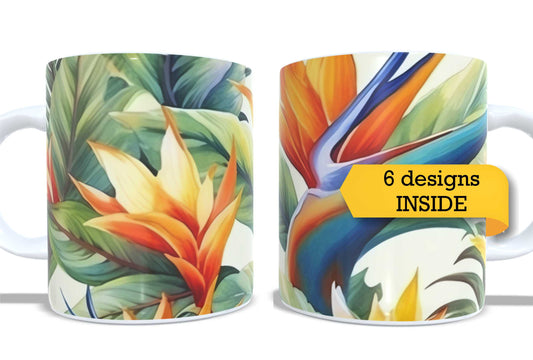 #367 - Set of 2 Coffee and Tea Mugs. Tropical Floral Design. Full colour sublimated